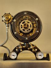 Steampunk desk or dresser skeleton clock: mantel clock that looks like a part of Jules Verne submarine time machine.