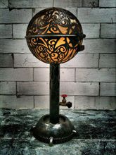 Steampunk Art floor lamp: Custom piece of art made for tattoo artist with skulls and logo.