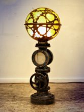 Steampunk Art floor lamp: Decorative piece of art with heart shaped gears.
